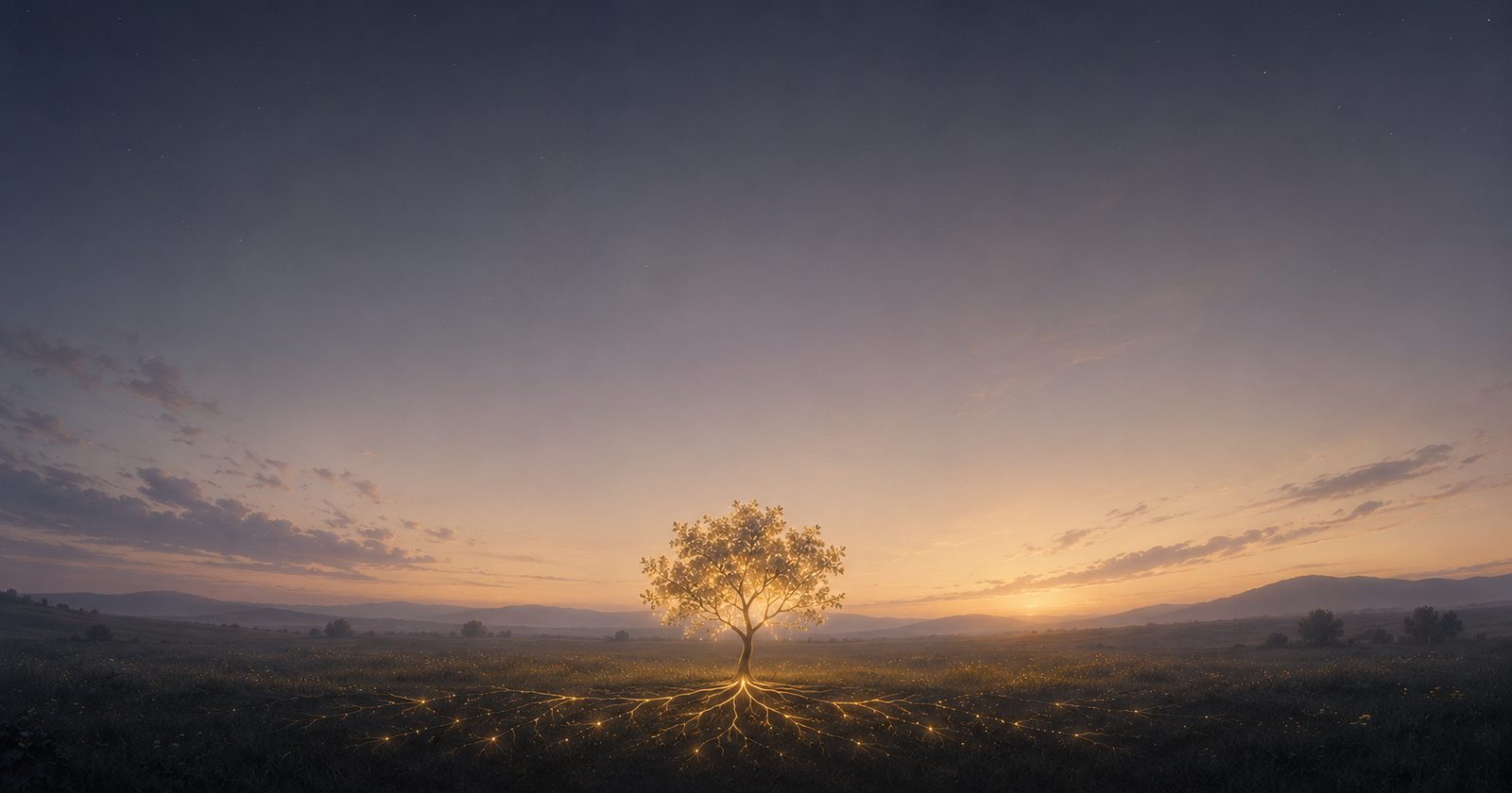 A tree glowing at dusk, its illuminated roots spreading wide beneath a meadow